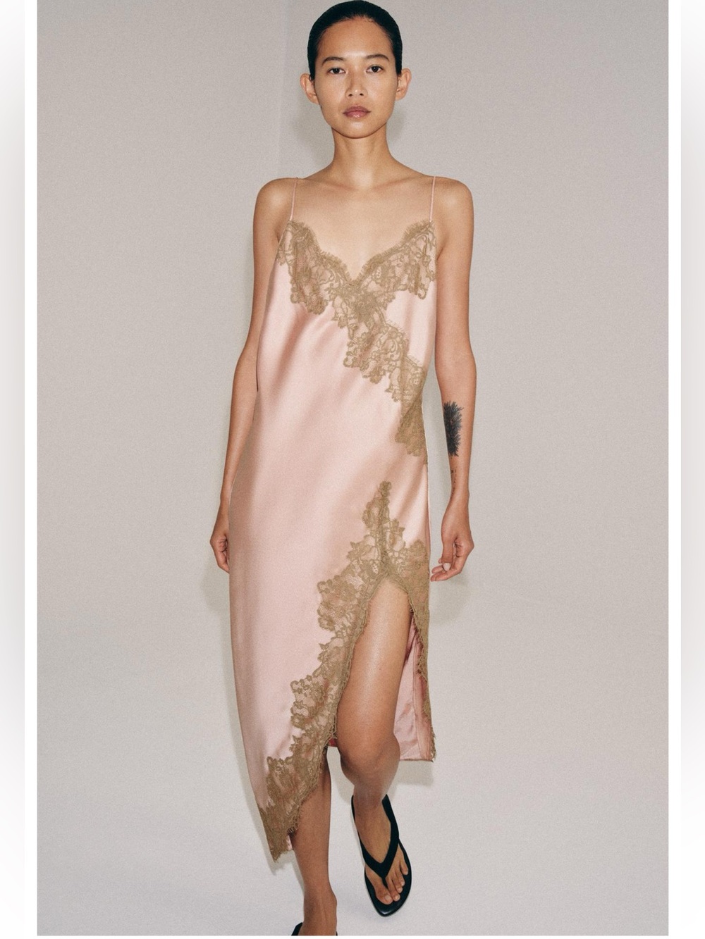 ZARA ZW Dusty Pink Satin Lace Slip Dress XS NWT